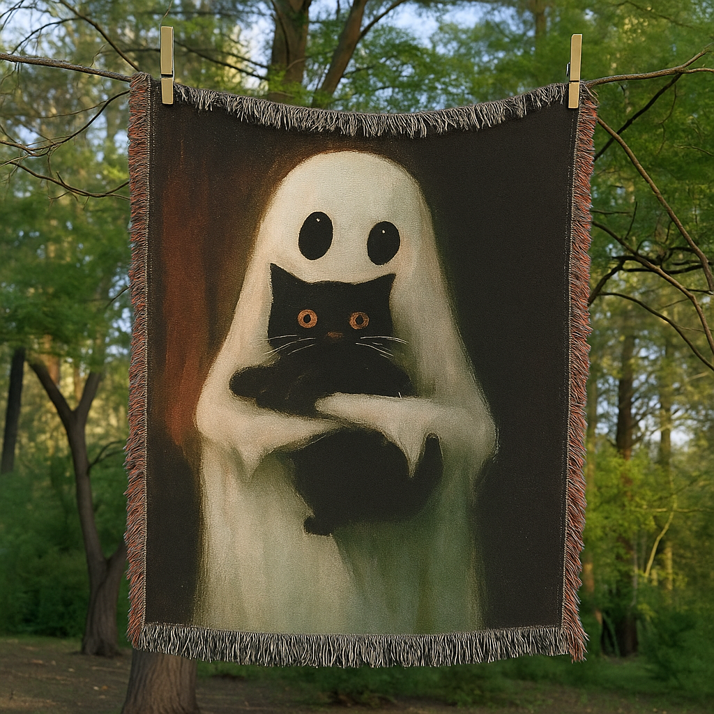 Ghost Hug Blanket with Black Cat – Halloween Cozy Throw