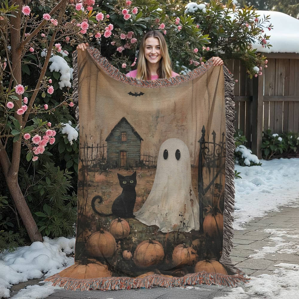Ghost & Black Cat Halloween Woven Throw Blanket