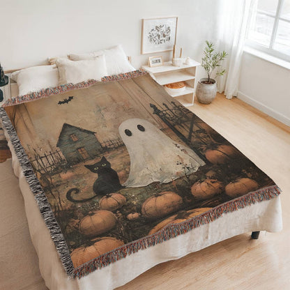 Ghost & Black Cat Halloween Woven Throw Blanket