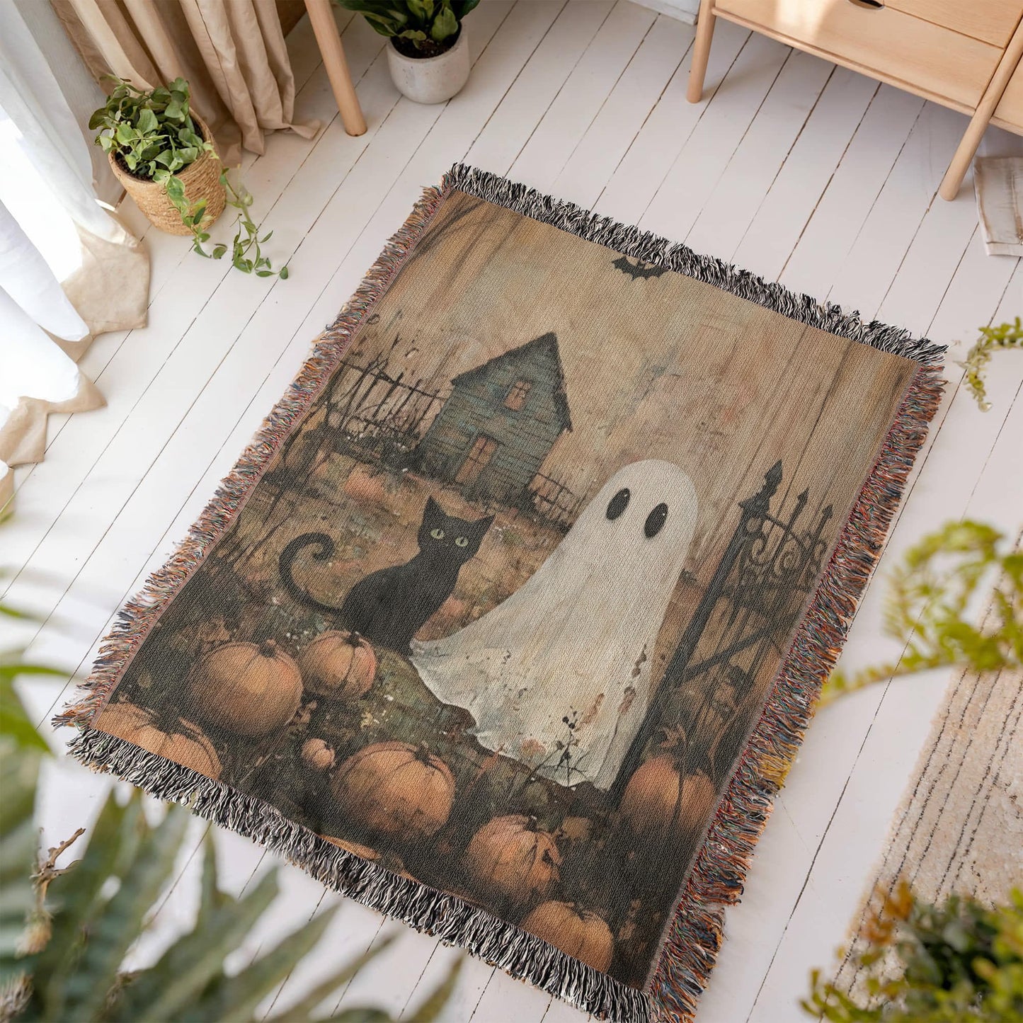 Ghost & Black Cat Halloween Woven Throw Blanket