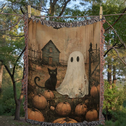 Ghost & Black Cat Halloween Woven Throw Blanket