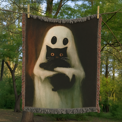 Ghost Hug Blanket with Black Cat – Halloween Cozy Throw