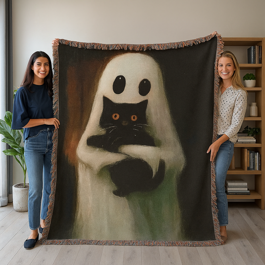 Ghost Hug Blanket with Black Cat – Halloween Cozy Throw