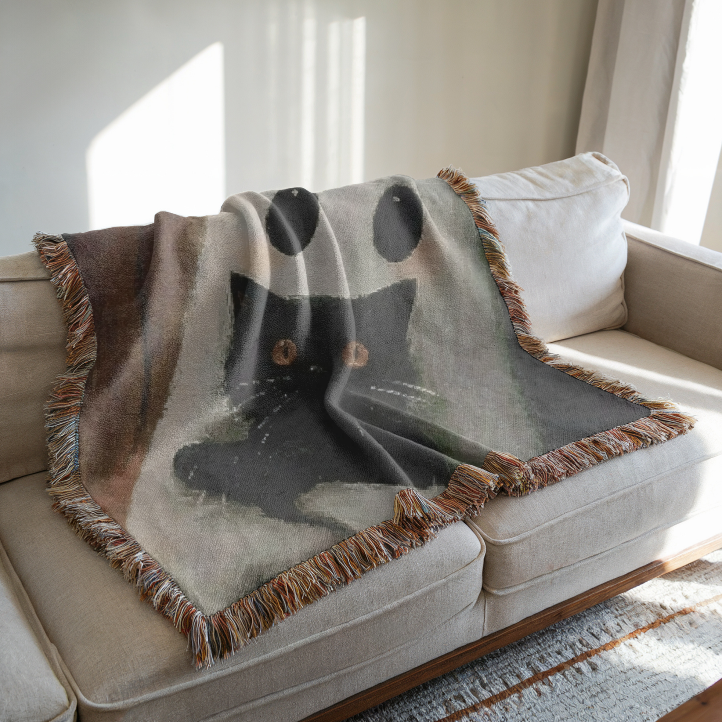 Ghost Hug Blanket with Black Cat – Halloween Cozy Throw