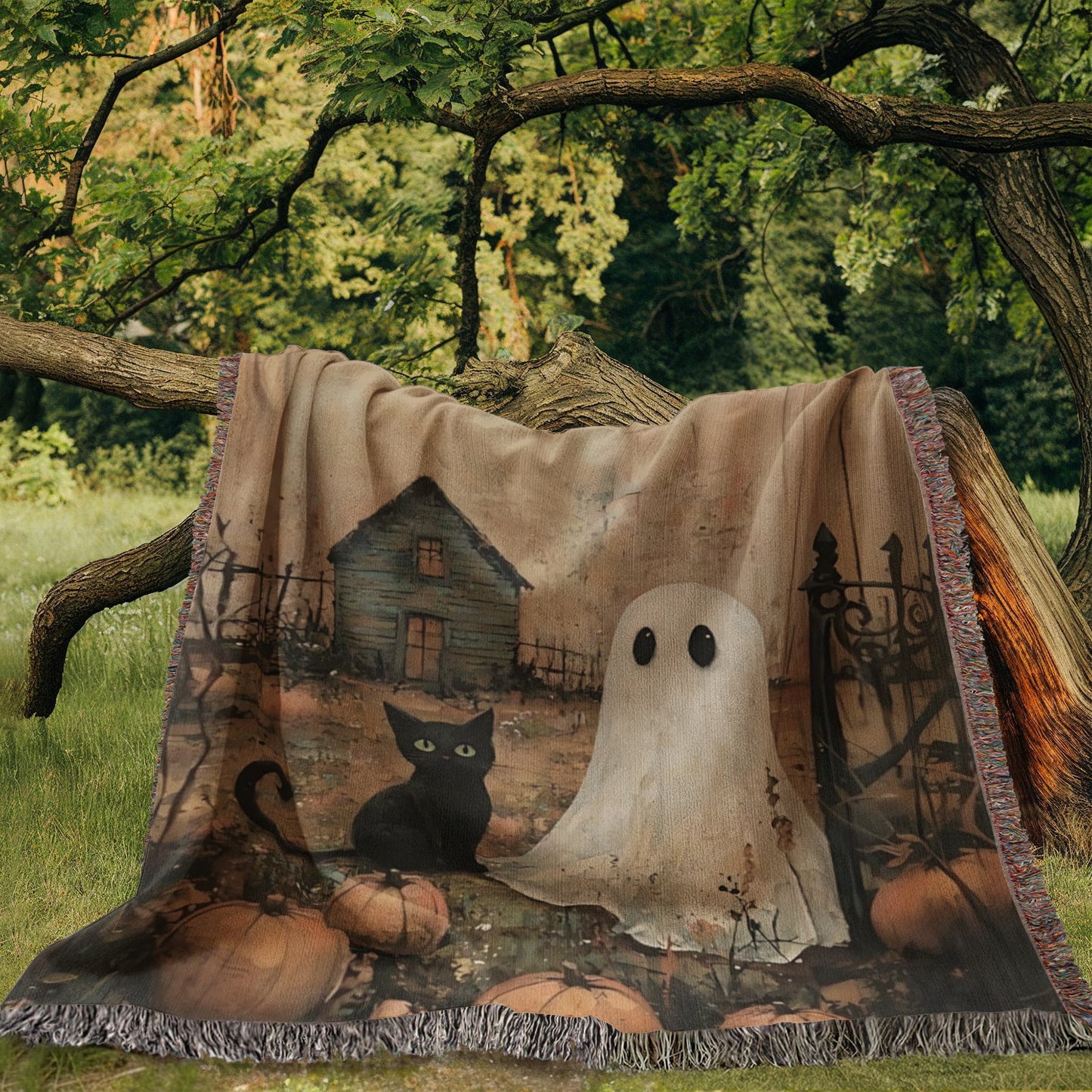 Ghost & Black Cat Halloween Woven Throw Blanket