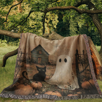Ghost & Black Cat Halloween Woven Throw Blanket