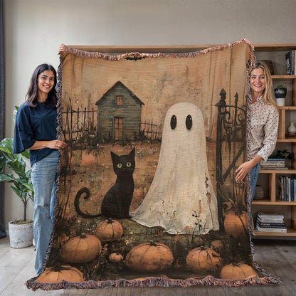 Ghost & Black Cat Halloween Woven Throw Blanket