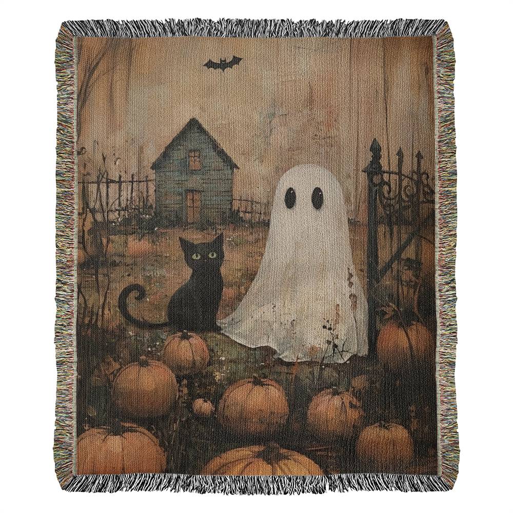 Ghost & Black Cat Halloween Woven Throw Blanket